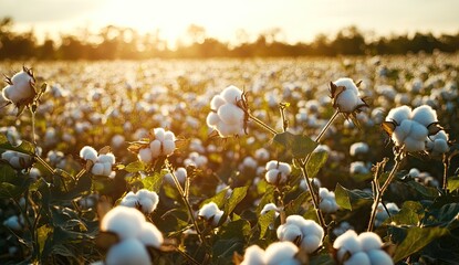 Golden sunset over a cotton field.  Fluffy white cotton bolls cluster on plants.  Sunlight highlights the field