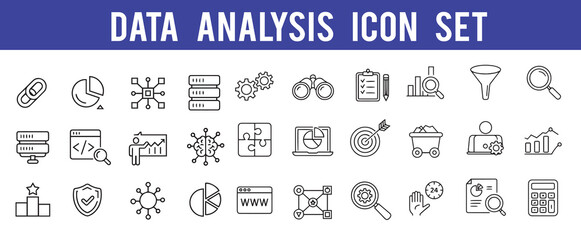 Data analytics icons for web and mobile app. datum, icon, analysis, business, vector, line, research, chart, graph, set, stroke, information, technology, market , finance, outline, growth, filter.