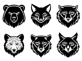 Collection of six stylized black and white animal head icons on a white background