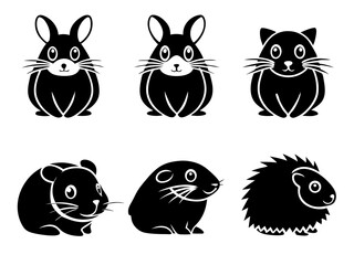Collection of six cute black and white cartoon animal icons on a white background