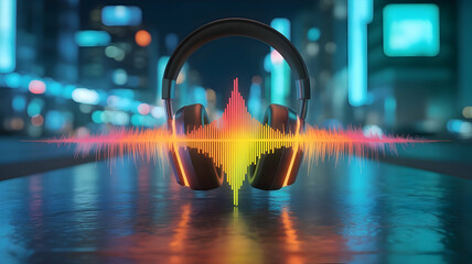 Immersive Audiovisual Experience Featuring Headphones with Vibrant Soundwave Visualization in a Futuristic Cityscape
