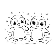 Two cute penguins stand together amidst snowfall, a charming design ideal for winter-themed crafts and seasonal children's art projects.