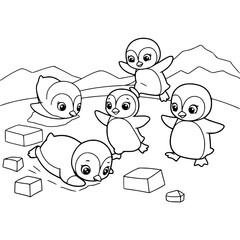 Adorable cartoon penguins joyfully playing in a snowy arctic landscape, perfect for children's books and educational resources.