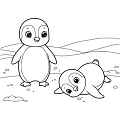 Cute penguins frolic in a playful scene, an adorable line art graphic perfect for children's designs or creative coloring pages.