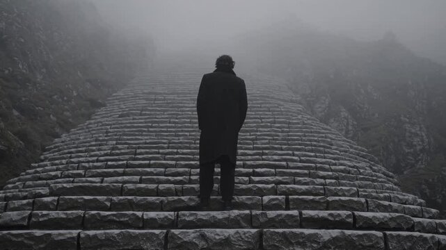 Homme montant un escalier de pierre dans le brouillard