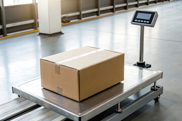 Cardboard box placed on a scale in a bright warehouse, ready for shipping and logistics