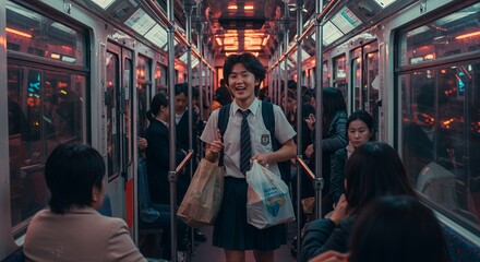 A cheerful student in uniform smiles brightly while commuting on a crowded public transit vehicle at night.