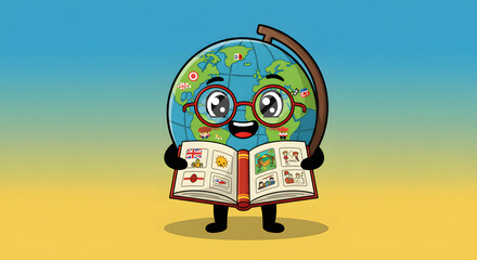 Cartoon Earth Character Wearing Red Glasses Reading Comic Book in Colorful Background