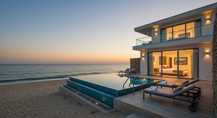 Fototapeta premium Beachfront Villa with Infinity Pool at Sunset, Luxurious Coastal Living