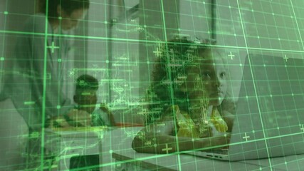 Green grid overlay fading, teacher guiding boy writing on tablet and girl using laptop for learning - Powered by Adobe