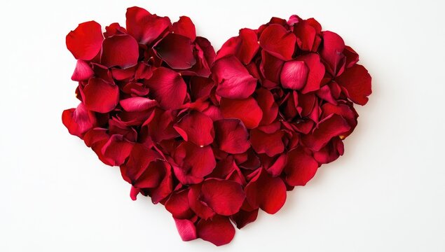 Heart-shaped arrangement of vibrant red rose petals on a white background