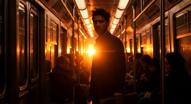Silhouetted man stands on a car, bathed in the warm glow of a setting sun, creating a dramatic and atmospheric scene.