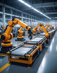 A high-tech assembly line with robotic arms assembling intricate components