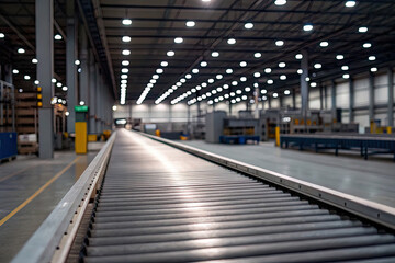 Fototapeta premium Conveyor belt in a modern warehouse with bright lighting and organized storage areas