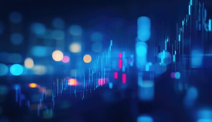 Abstract financial data visualization.  Blurred city lights overlay complex graphs