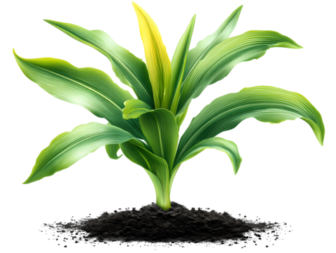 A vibrant young plant with broad green leaves, emerging from a mound of rich, dark soil, signifying growth and nature.
