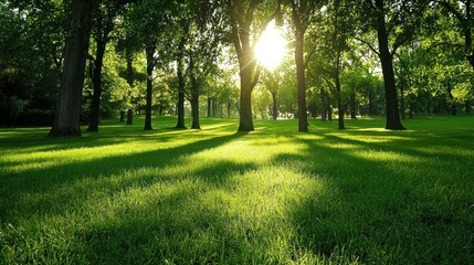 Obraz premium A serene park scene with tall trees casting shadows on a lush green lawn under a bright, sunny sky.