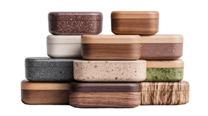 Stack of reusable lunch tins lifestyle product shot on transparent background

