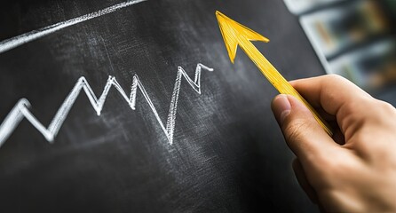 Hand points to upward trending graph on chalkboard