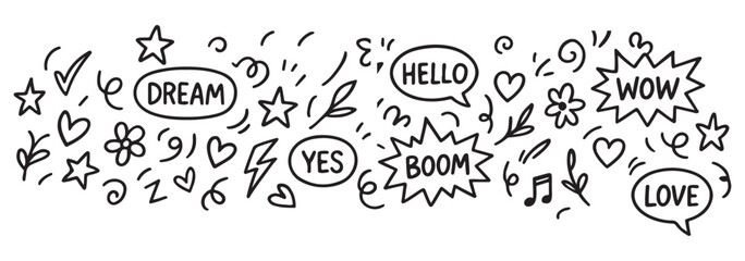 Line marker hand drawn brush arrow element set. Sketch pencil stroke vector graphic pen underline scribble icon. Hand drawn line heart, crown, star symbol highlight marker shape. Vector illustration