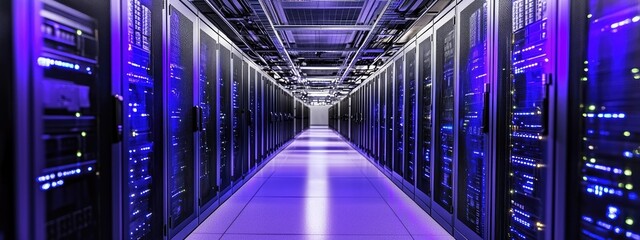 Rows of server racks in a data center illuminated with blue light