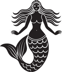 mermaid illustration, mermaid silhouette vector icon black and white full body