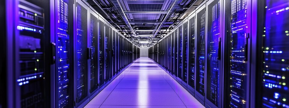 Rows of server racks in a data center illuminated with blue light