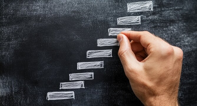 A hand draws a staircase on a chalkboard - Powered by Adobe