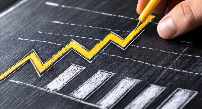 Hand draws a rising chart on a chalkboard