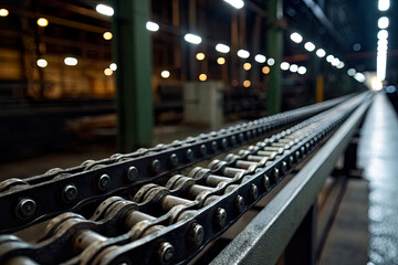 Industrial chain conveyor system in a dimly lit factory with blurred background machinery