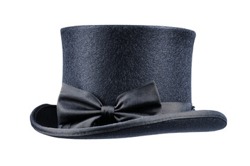 Elegant black top hat with a satin bow tie, a classic formal accessory for special occasions and vintage fashion isolated on transparent background
