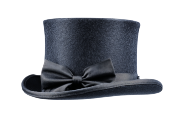 Elegant black top hat with a satin bow tie, a classic formal accessory for special occasions and vintage fashion isolated on transparent background
