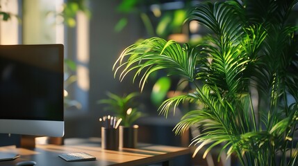 Modern office space with computer plants and natural light for productivity and well being design ideas