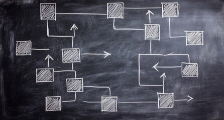 A complex network diagram drawn in chalk on a dark surface.  Interconnected squares and lines with arrows indicate flow and connections