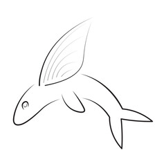 Editable stroke outline of a flying fish drawn in a minimalist style with fine lines. The fish is illustrated in side profile with extended pectoral fins resembling wings.