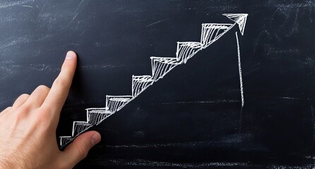 Hand pointing at a chalk-drawn upward staircase on a dark chalkboard