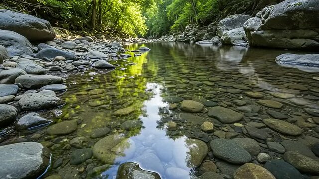 Clear stream bed with rocks and trees reflected