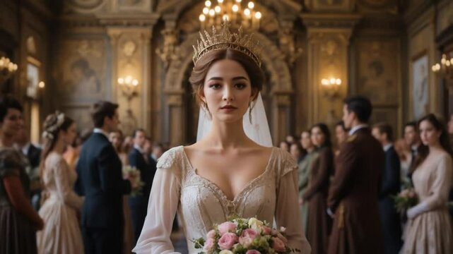 Elegant bride with a crown holding a bouquet stands before a crowd in a grand hall