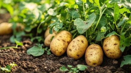 A potato plant with several potatoes growing in a garden bed, surrounded by green leaves and soil, with a blurred background of other plants and a clear sky.