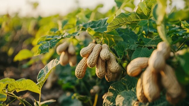A cluster of peanuts hanging from a tree branch in a lush green field with a blurred background.
