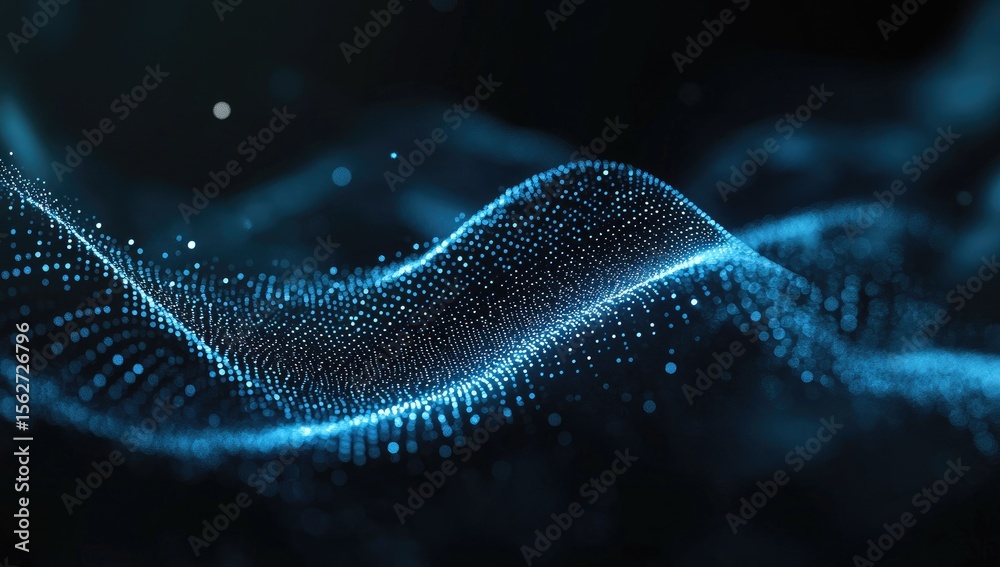 Fototapete Abstract digital wave of light blue particles against a dark background.  A smooth, undulating pattern of tiny glowing dots creates a dynamic, almost liquid-like effect