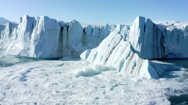 A large chunk of ice calving from a glacier and crashing into the arctic ocean.