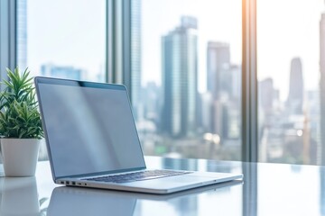 Laptop on a desk, city view (1)