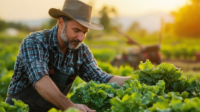 A farmer wearing a hat and apron, working in a lush green field of lettuce, with a tractor in the background. - Powered by Adobe