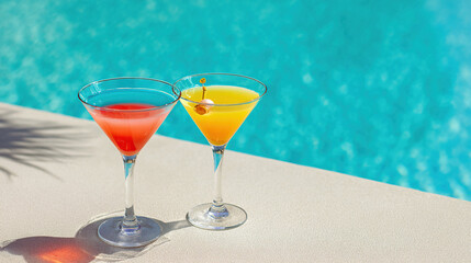 Product photography of two colorful cocktails in martini glasses on the table with a pool background, vibrant blue, red, elegant presentation, high-end drink, modern aesthetic, minimalist setting