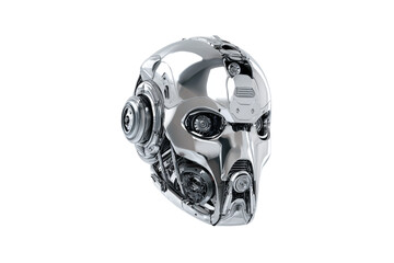 Futuristic Chrome Robot Head with Intricate Mechanical Details on a Black Backdrop, Science Fiction and Artificial Intelligence isolated on transparent background