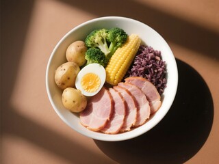 Ham & Veggie Bowl. Ingredients Sliced ham, boiled eggs, potatoes, steamed broccoli, sweet corn, purple rice