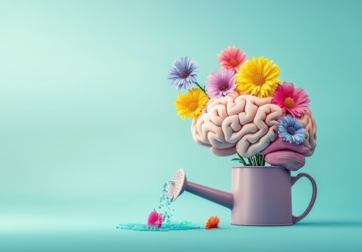 Brain in watering can, flowers, light teal background