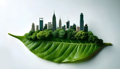 A green leaf holds a city skyline, symbolizing urban nature