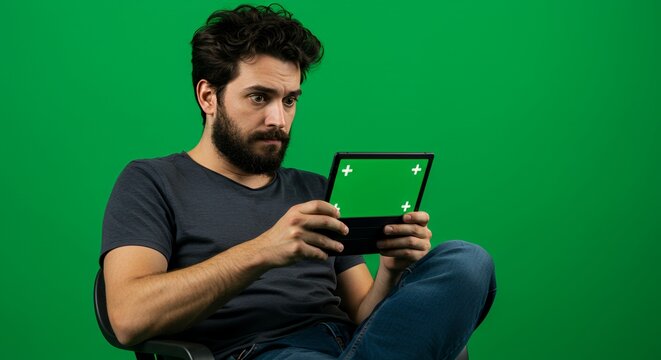 A man with a beard sits on a chair, looking intently at a tablet with a green screen, his expression a mix of surprise and curiosity. - Powered by Adobe